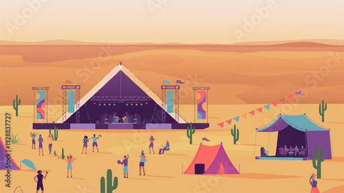 Vector illustration of a vibrant outdoor festival scene with a large pyramid structure tents and people gathered in a desert landscape at sunset
