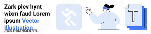 Technology, design, digital media, education, UXUI development, communication. A person gestures with abstract elements, including icons and text. Technology and design