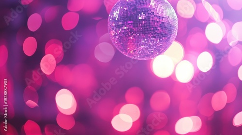 A glittering disco ball hangs above a vibrant, bokeh-filled party atmosphere, perfect for celebrating New Year's Eve and creating energetic festive vibes.