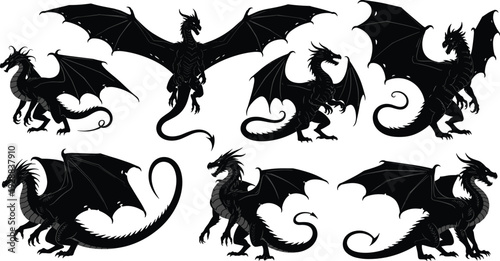 Vector illustration of stylized dragon silhouettes in dynamic poses symbolizing fantasy, mythology, strength, culture, tradition, and education