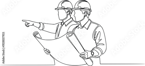 Construction Engineers Holding Blueprint and Pointing Forward Line Art Vector