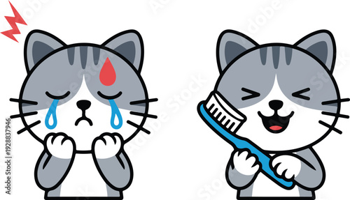 Cute Cartoon Cat Dental Care Line Art Kitty with Toothache and Brushing Teeth Illustration Set