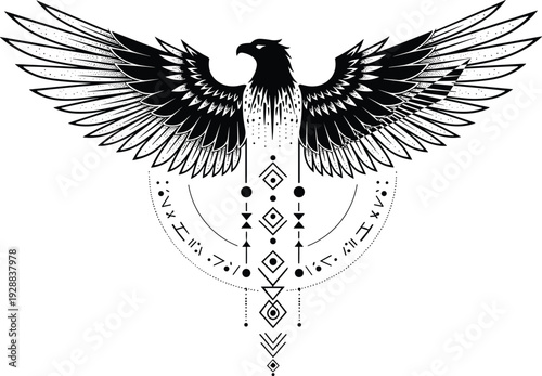 Vector illustration of stylized eagle with geometric motifs symbolizing strength, freedom, culture, tradition, education, and artistic values