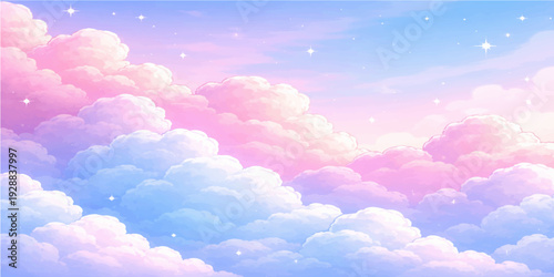 A beautiful blue sky filled with fluffy white heart shaped clouds catches the bright sunlight in a clear summer atmosphere