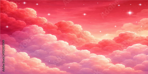 Beautiful fluffy heart shaped clouds float in the bright blue summer sky as sunlight creates a heavenly nature landscape within the clear atmosphere