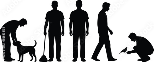 People silhouettes showing daily activities including pet care, cleaning, walking and feeding a bird isolated on light background for lifestyle, responsibility and urban living concepts