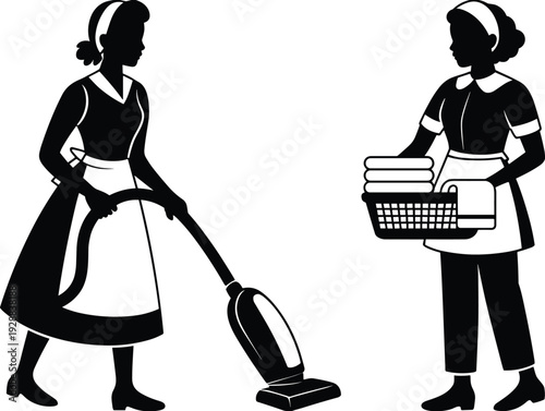Housekeeping vector illustration with women vacuuming and carrying laundry basket in maid uniforms—ideal for cleaning artwork, domestic branding, lifestyle design and household service projects