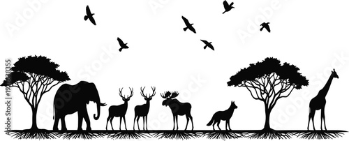 African safari and woodland wildlife silhouette collection featuring elephant, giraffe, lions, zebras, deer, moose, and birds isolated on white background,