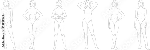 Female standing poses, body posture variations, woman figure outline illustration, flat vector