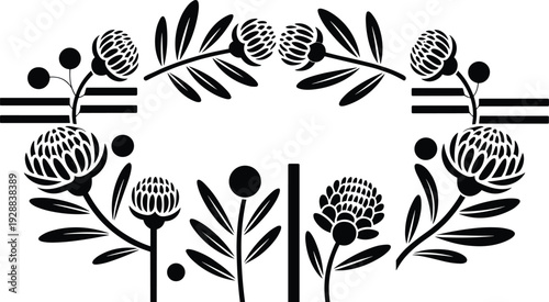 Floral protea wreath vector illustration with stylized flowers, buds and leaves arranged in circular frame—ideal for decorative artwork, invitations, branding and ornamental design projects