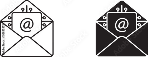 Email icon with @ symbol and circuit design, digital communication concept