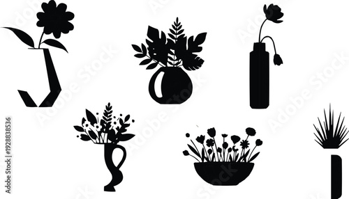The image features a collection of seven black silhouetted vase and floral arrangements, each uniquely designed and set against a bright white background. This stark contrast between the black