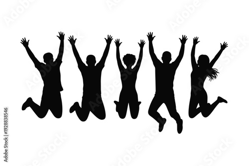 A group of people jumping in the air with their hands raised high