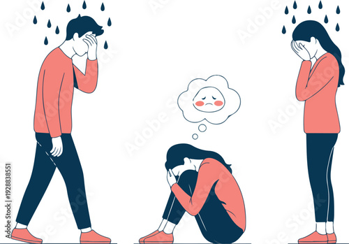 Mental Health Struggle Vector Set Sad and Anxious People Showing Stress and Loneliness