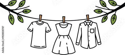 Eco Laundry Line Art Pack Clothing on Line Between Trees, Sustainable Living Vector Set