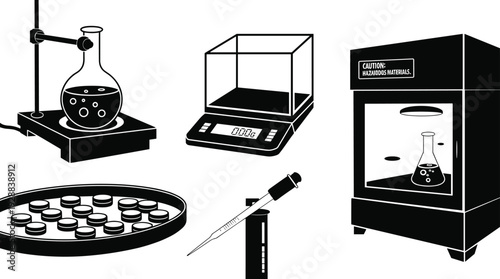 Laboratory equipment vector illustration set, scientific experiment tools with flask, balance, fume hood, petri dish, pipette motifs