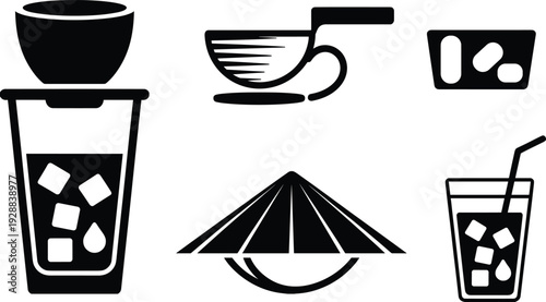 Food and everyday item icon vector set with beverages, soup bowl, pills, conical hat, and coffee cup—ideal for culinary artwork, health branding, and lifestyle design projects.