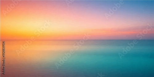 A beautiful orange sunset reflects over the calm summer sea as colorful clouds fill the horizon and sky in this abstract nature landscape