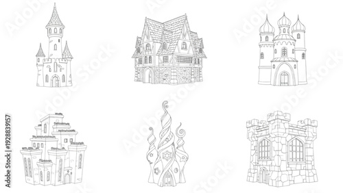 Various medieval castle illustrations showcasing architecture and design
