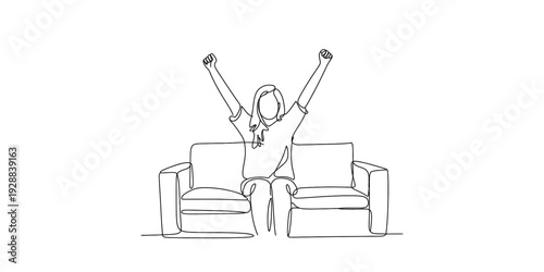 A simple line drawing of a happy young woman sitting on a couch with her arms raised in victory. Vector, illustration