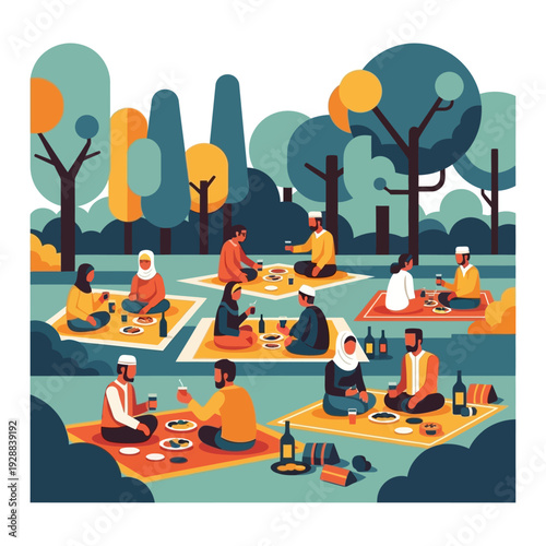 Muslim Community Enjoying Iftar Picnic in Park During Ramadan