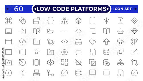 Low coding outline icons set. Simplify, Efficiency, Intuitive, Agile, Rapid, Streamline, Productivity vector symbols and line concept signs. Automate,Scalable,Flexibility vector icon.