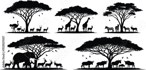 African savanna wildlife silhouettes with elephants, giraffes, zebras, and antelopes under acacia trees, safari animal collection on a white background.