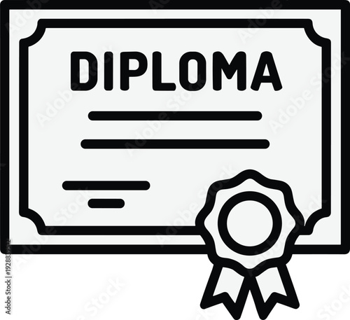 Diploma certificate icon with award ribbon seal, graduation achievement document symbol isolated on white background, education qualification vector illustration