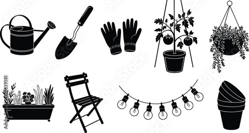 Gardening silhouette vector illustration set, lifestyle hobby design with tools, plants, chair, and decorative outdoor motifs