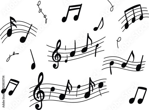 Hand drawn musical notes and melody staves isolated on white background for creative sound design projects