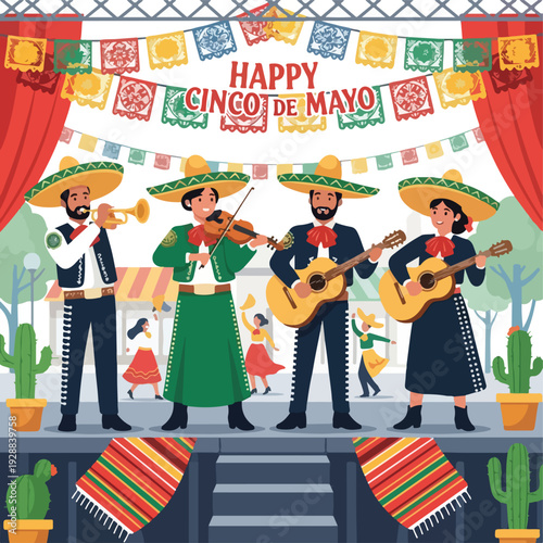 A festive illustration of a mariachi band performing on stage during Cinco de Mayo