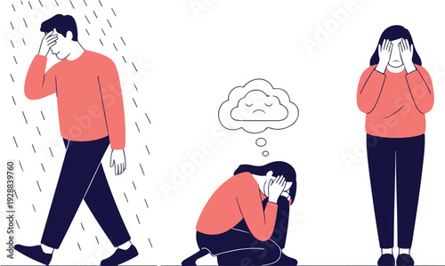 Mental Health Struggle Vector Set Sad and Anxious People Showing Stress and Loneliness