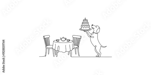 A whimsical line drawing of a dog standing on its hind legs holding a birthday cake Vector, illustration