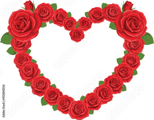 Romantic red rose heart arrangement with green leaves, Valentine love, flat vector