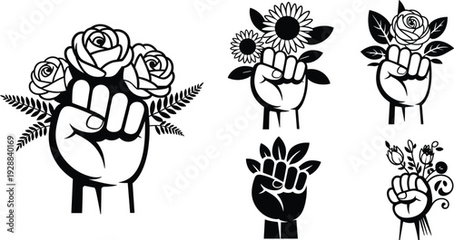 Raised fists with flowers vector illustration set, empowerment artwork symbolizing strength, solidarity, protest, and decorative motifs