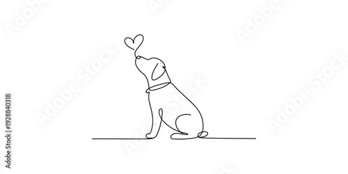Minimalist continuous line drawing of a cute dog looking up at a heart symbol on white background Vector, illustration