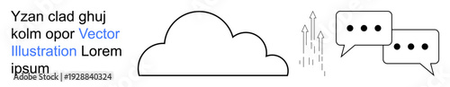 Cloud computing, data sharing, online communication, SaaS tools, digital connectivity, growth analytics. A cloud with rising arrows and speech bubbles. Cloud computing and data sharing