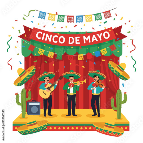 A festive illustration of musicians performing at a Cinco de Mayo celebration