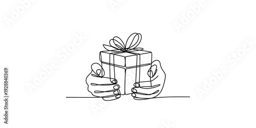 Continuous line drawing of human hands holding a wrapped gift box with a ribbon and bow. Vector, illustration