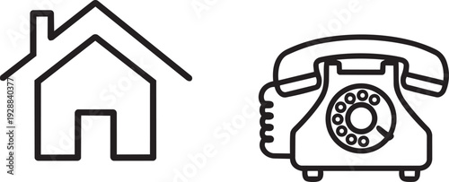 Outline of a house and a vintage rotary telephone, representing home and communication