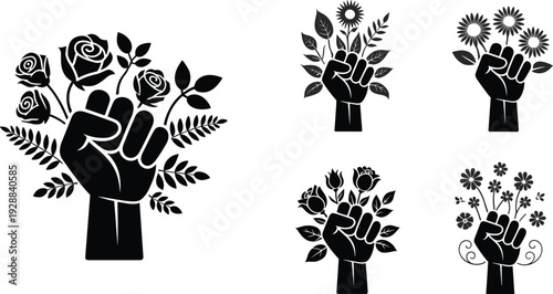Raised fists with floral silhouette vector illustration set, empowerment artwork symbolizing strength, unity, protest, and decorative motifs