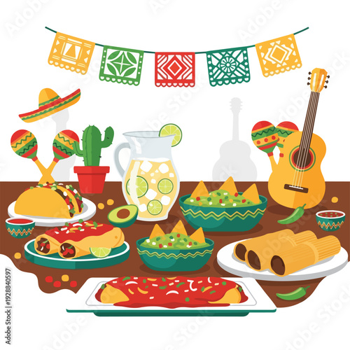 A festive illustration of various traditional foods, drinks, and decor