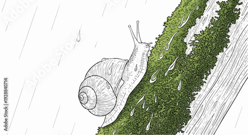 Snail on Leaf in Rainy Macro Closeup Scene.