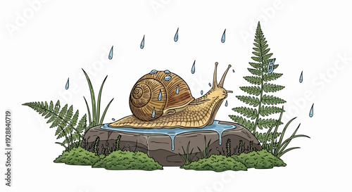 Snail on Mossy Log Garden Scene.