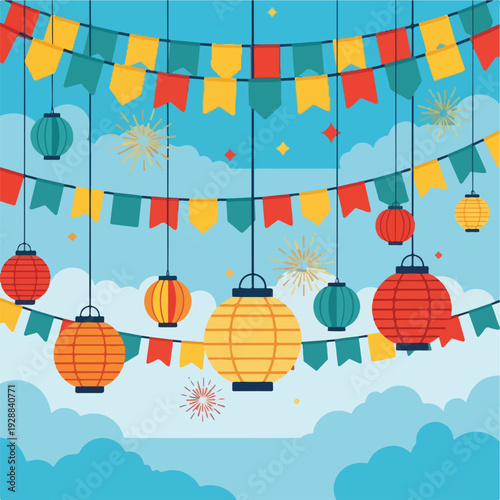 A festive illustration with colorful lanterns, flags, and fireworks against a blue sky