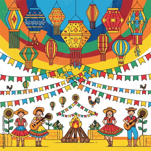 A festive illustration with colorful lanterns, people, and celebration elements
