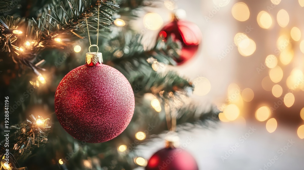 Obraz premium Festive red glitter Christmas tree ornaments with soft bokeh lights, showcasing a celebratory holiday atmosphere
