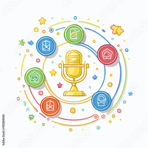 Golden microphone surrounded by colorful icons and stars.