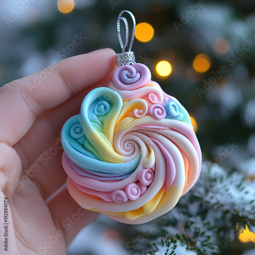 Hand holding a whimsical rainbow swirl Christmas ornament
