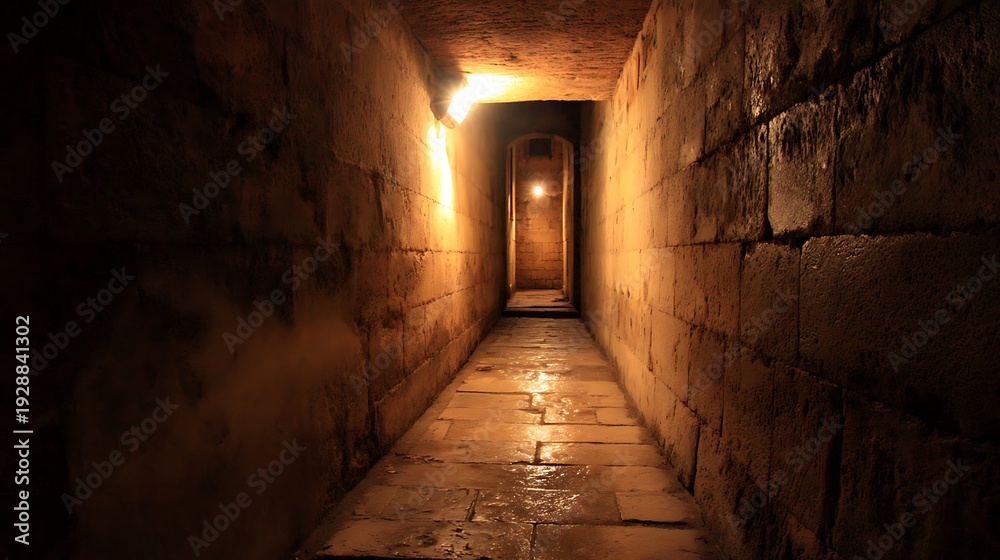 Obraz premium Dimly Lit Ancient Stone Corridor Passageway.